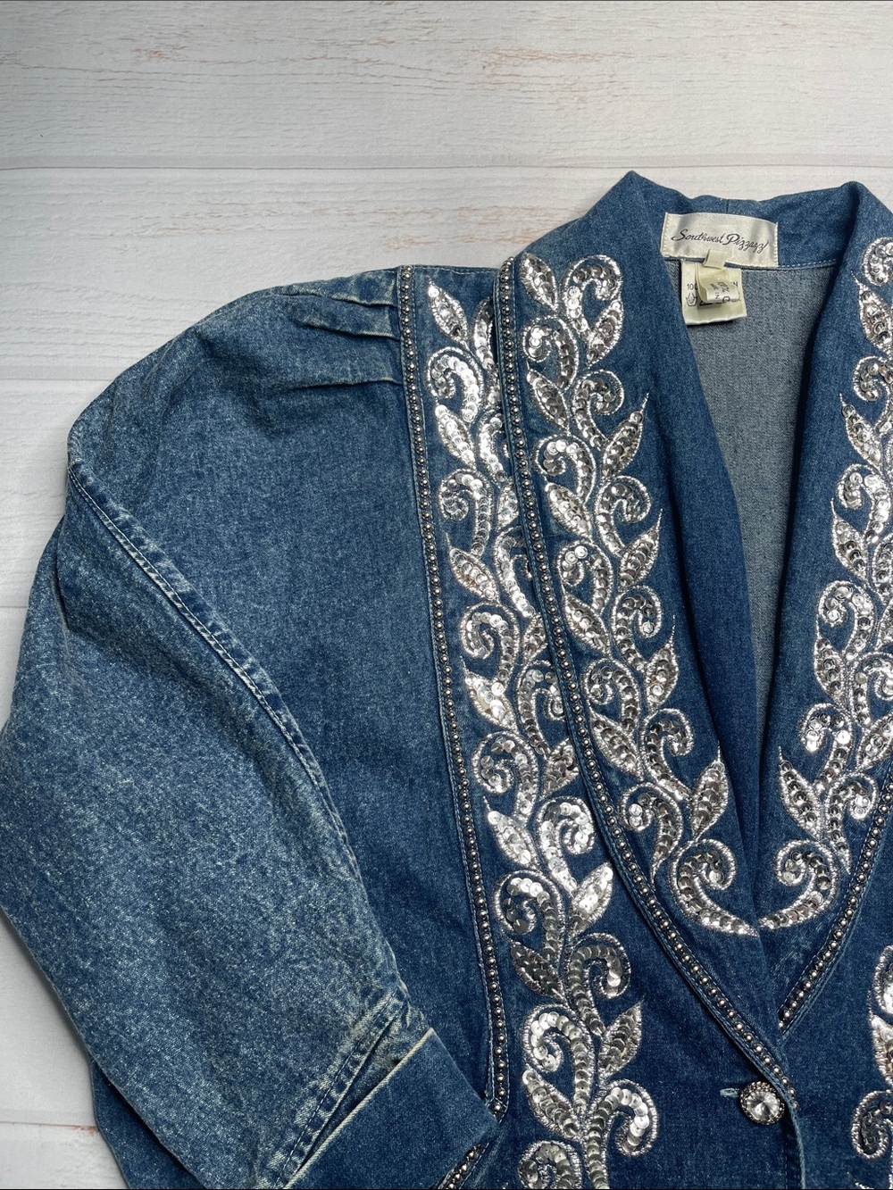 Vintage Denim Sequins Jacket 80s Large Beaded Cotton Long Length Golden Girls L - Picture 15 of 16